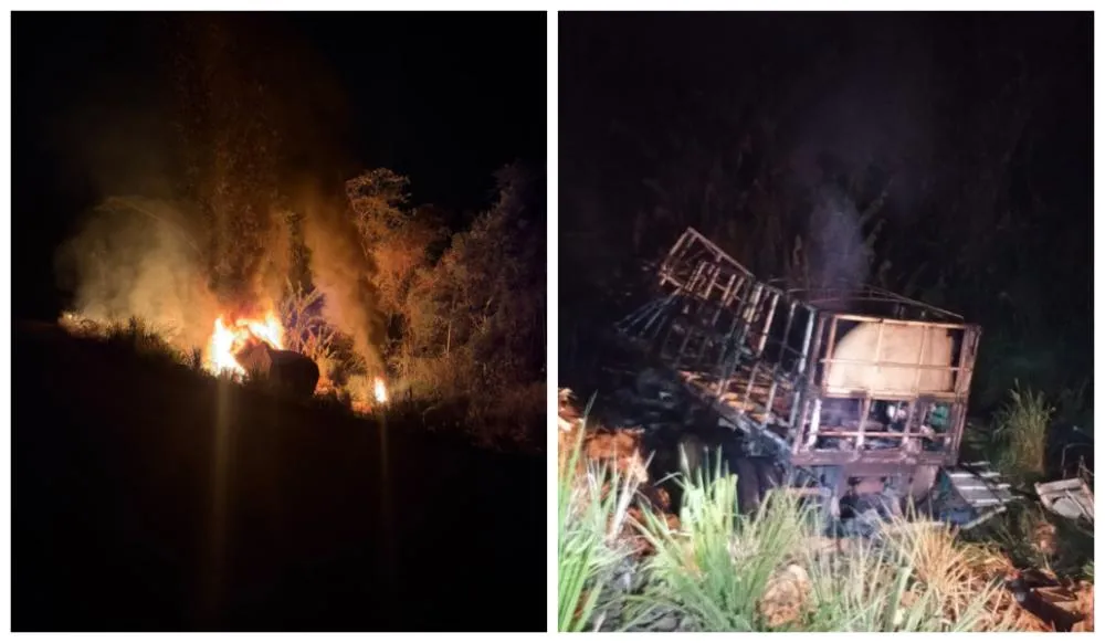  Carreta carregada com bobinas de aço tomba e pega fogo na “Curva da Morte” da PA-370, em Uruará (PA). Foto: Site Gazeta Real